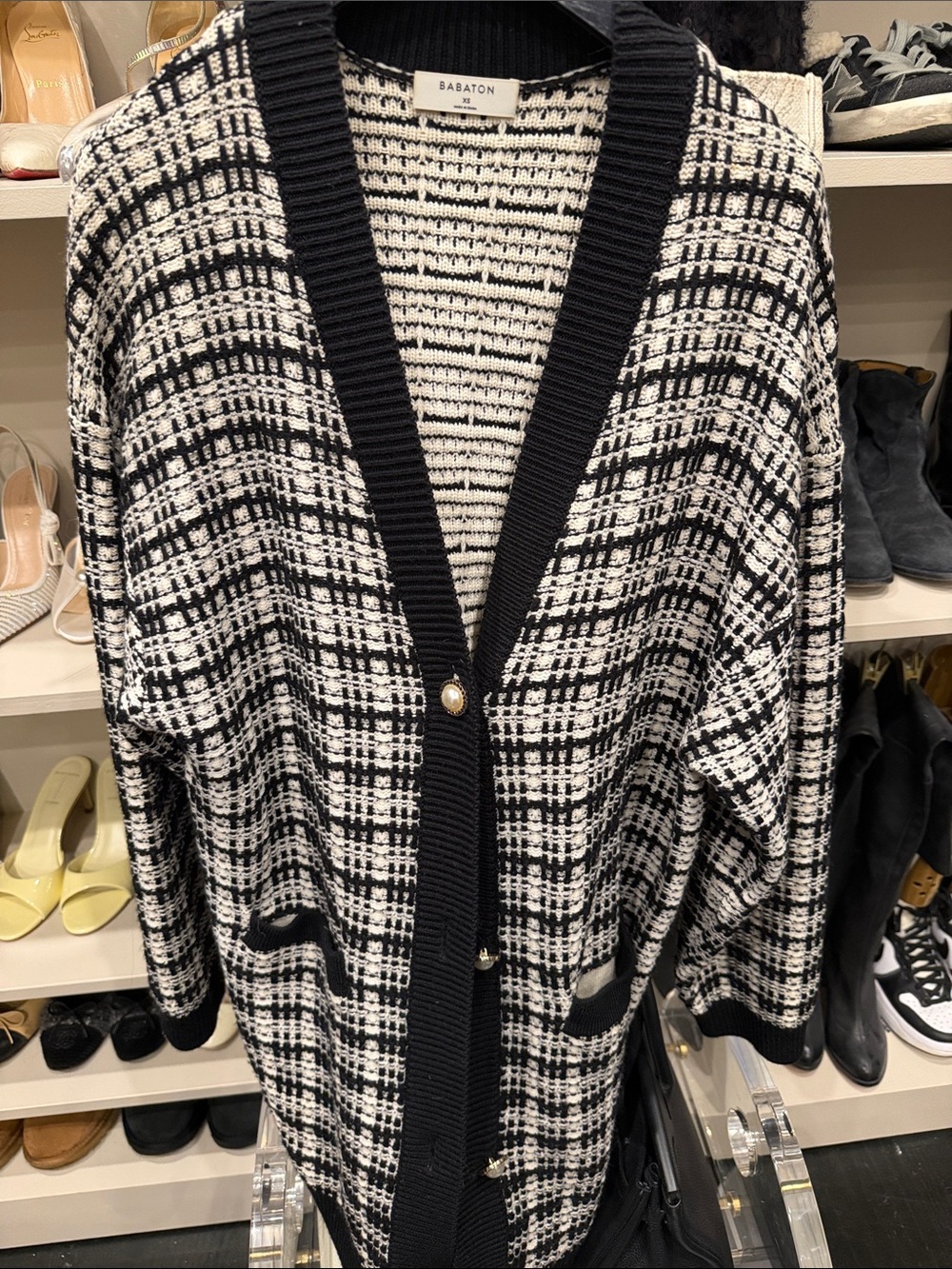 Babaton Black and White Plaid V‑Neck Cardigan with Pearl Buttons